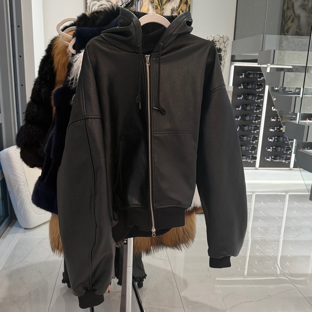 The Frankie Shop Black Leather Hooded Bomber Jacket